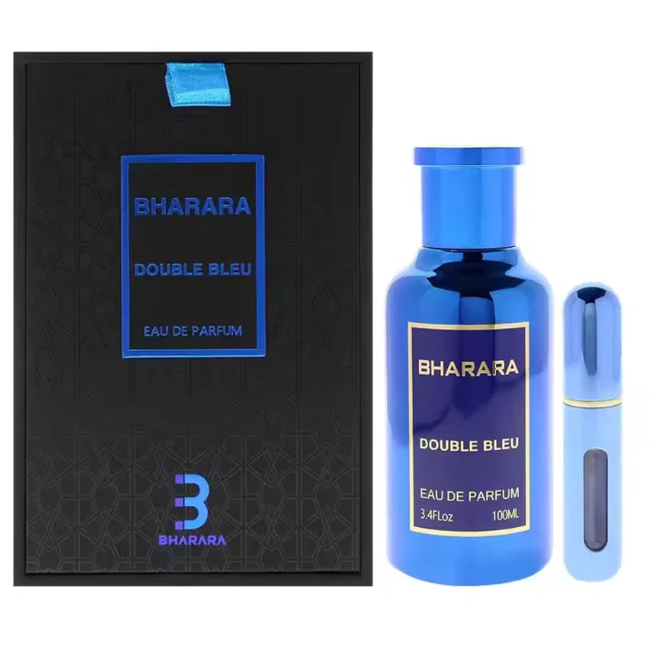 A blue bottle and atomizer of C2U Bharara King Eau De Parfum 100ML for men sits beside a black and blue gift box with gold text and geometric patterns. The high-end 3.4oz spray perfume comes sealed in elegant packaging.