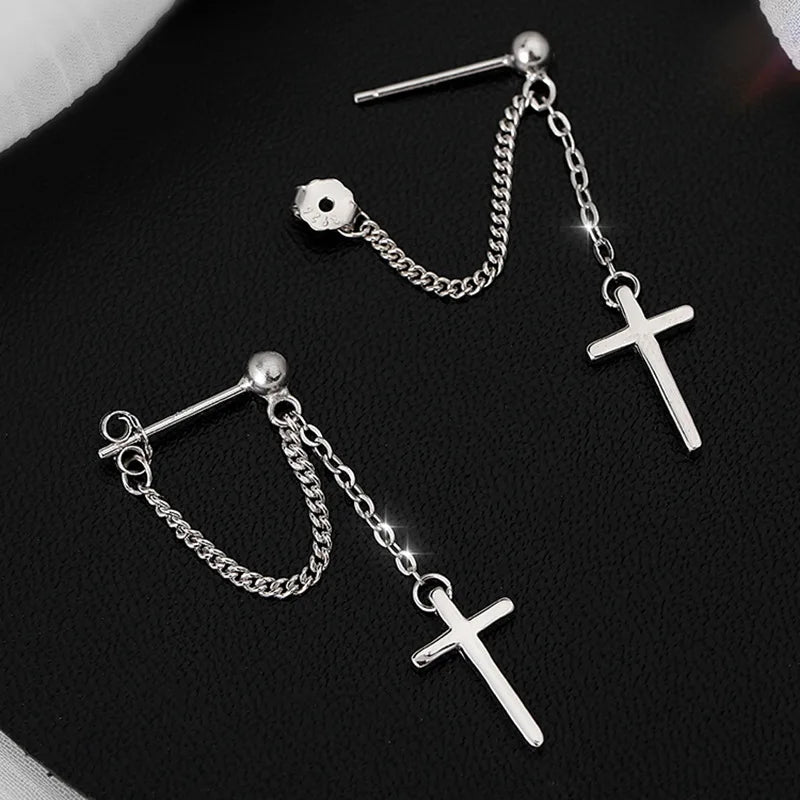 Silver Cross Dangle Drop Earrings