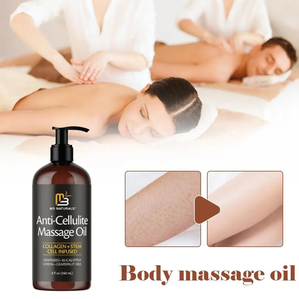 A 240ml bottle of Collagen & Stem Cell Anti-Cellulite Massage Oil is shown with images of women enjoying back massages and smoother skin results. Text: "Body massage oil—improves skin tenderness and firmness, promotes cell longevity.