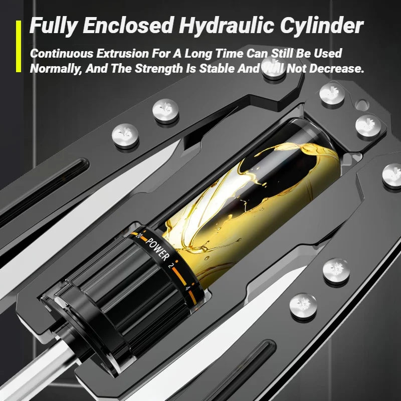 Close-up of the Adjustable 22-440 Pounds Arm Exercisers Hydraulic Power Home Chest Amplifier with transparent section showing yellow fluid. Durable and stable, it's ideal for prolonged chest, arm, and shoulder muscle training.