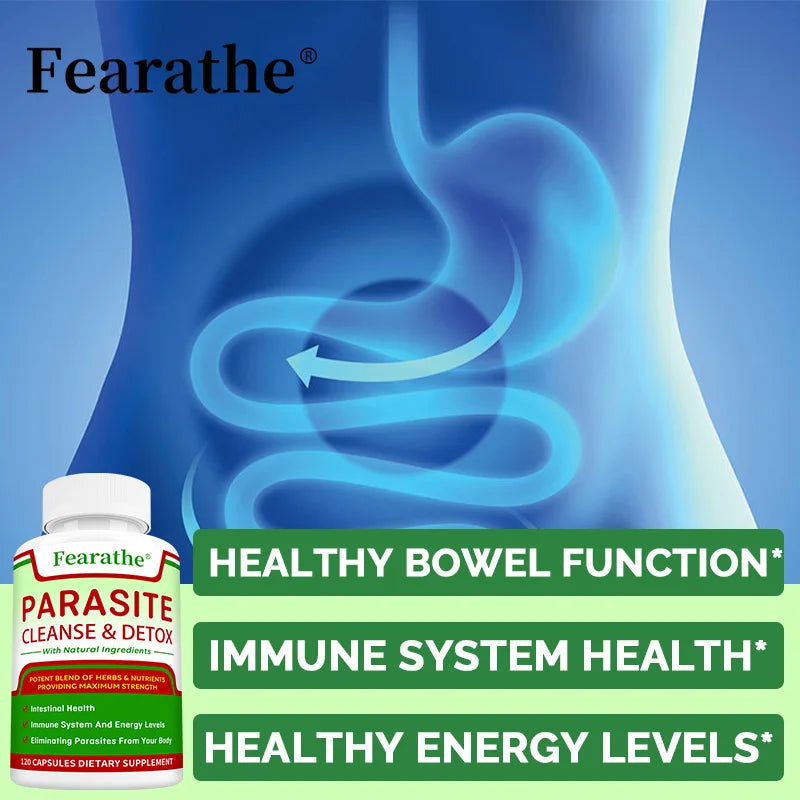A graphic displays a stylized torso with a parasite in the intestines. A Parasite Cleanse - Bowel Cleansing Supplement bottle promotes digestive health, immune health, parasite removal, and natural gut health.
