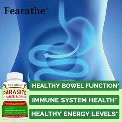 A graphic displays a stylized torso with a parasite in the intestines. A Parasite Cleanse - Bowel Cleansing Supplement bottle promotes digestive health, immune health, parasite removal, and natural gut health.