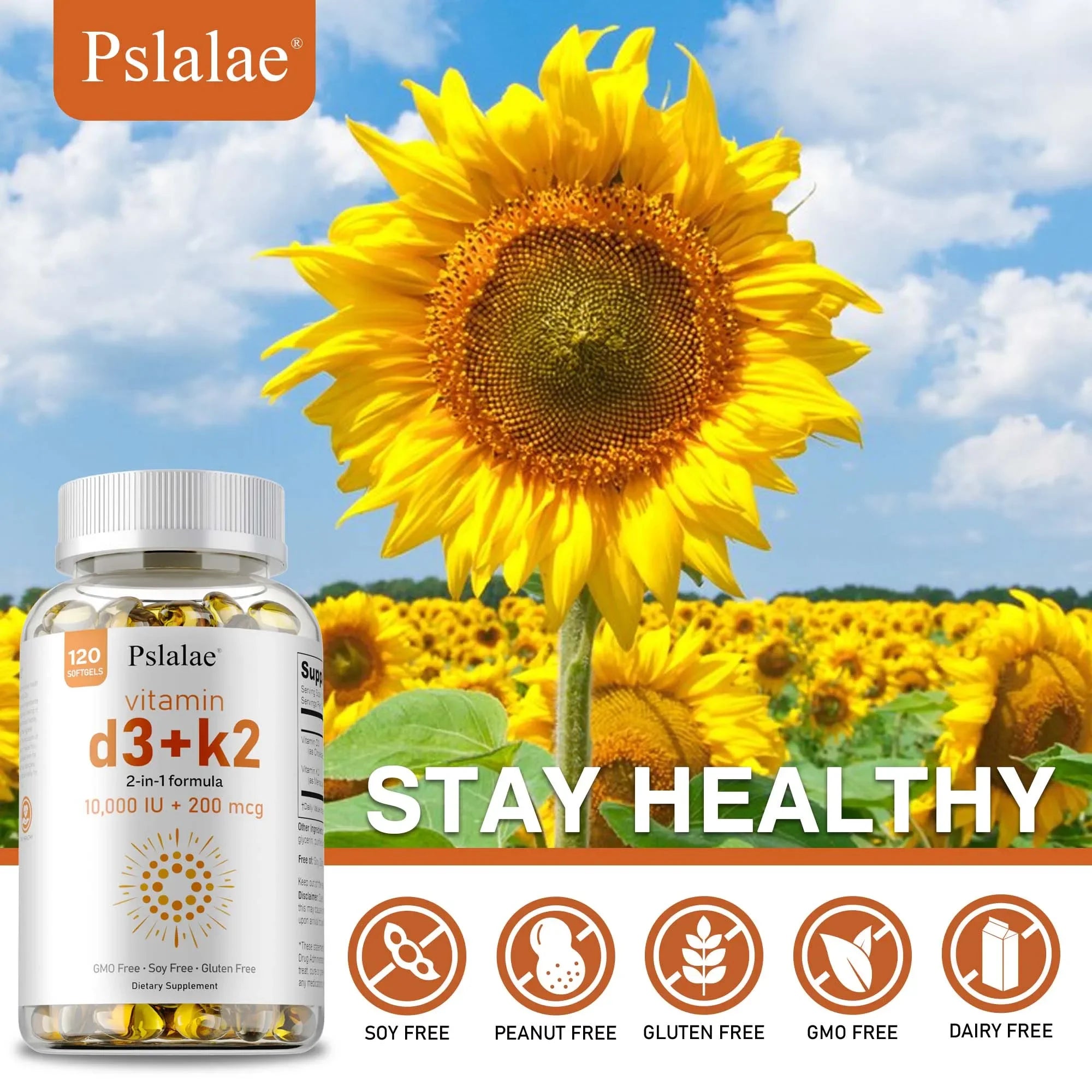 A bottle of Vitamin D3 with K2—Supports Heart Health, Improves Bone Health, Promotes Sleep, Boosts Immunity—is shown against a sunflower field with icons for soy free, peanut free, gluten free, GMO free, and dairy free.
