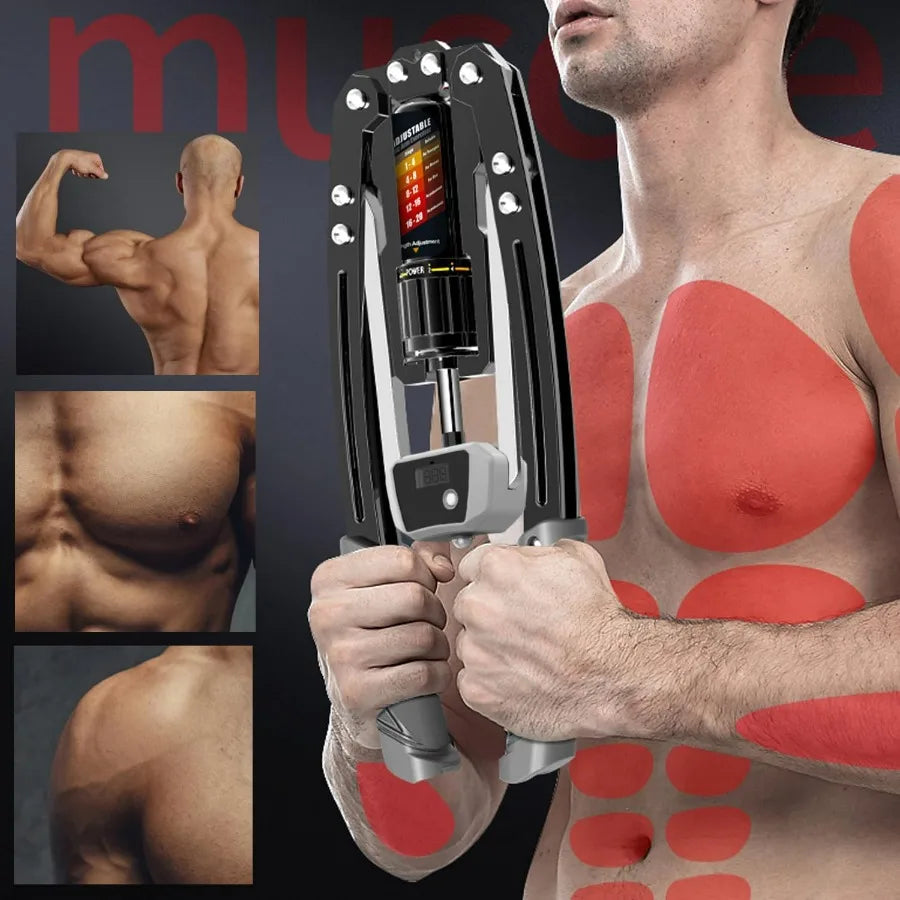 A man uses the Twister Arm Exerciser—Adjustable 22-440lbs Hydraulic Power—for strength training, with red highlights showing targeted muscles. Three images on the left display strong arms, abs, and chest. “Muscle” is partly visible in the background.