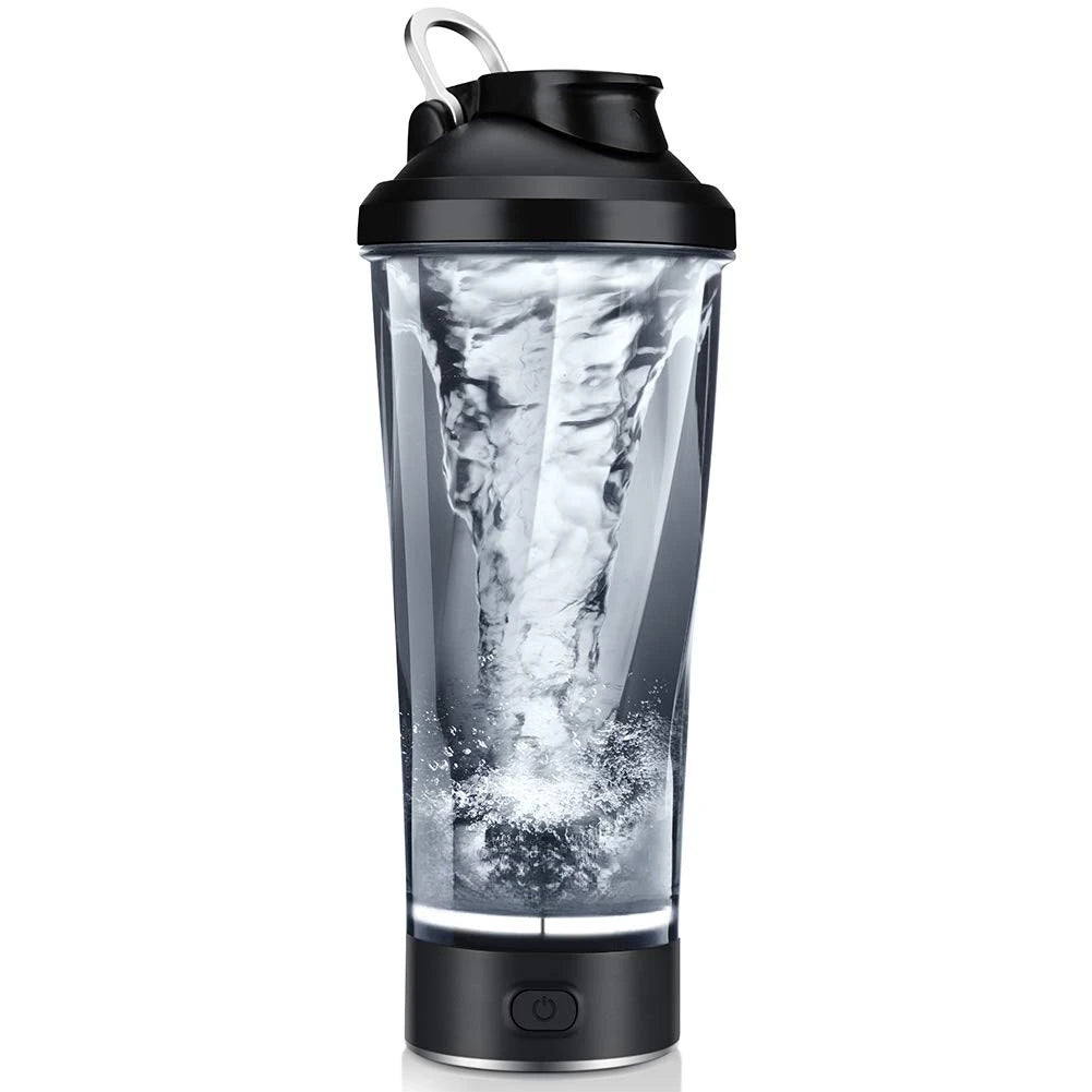 The Premium Electric Protein Shaker Cup is a clear, BPA-free portable blender with a black lid, USB rechargeable base featuring a power button, and metal carrying loop—perfect for mixing drinks indoors or outdoors.
