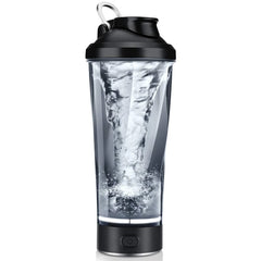 The Premium Electric Protein Shaker Cup is a clear, BPA-free portable blender with a black lid, USB rechargeable base featuring a power button, and metal carrying loop—perfect for mixing drinks indoors or outdoors.