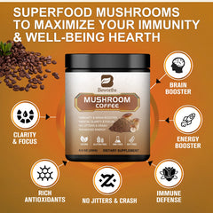 A 120g container of BEWORTHS Mushroom Coffee Supplement Ganoderma Lucidum Cordyceps Sinensis is shown with icons/text for brain booster, energy support, immune defense, no jitters/crash, antioxidants, clarity & focus. Coffee beans on the left.