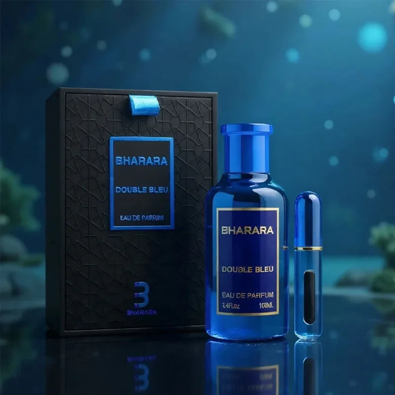 A blue bottle labeled C2U Bharara King Eau De Parfum 100ML for Men stands next to its gift box and a small blue vial against a softly blurred, dark blue background—reflecting this high-end men's spray perfume.