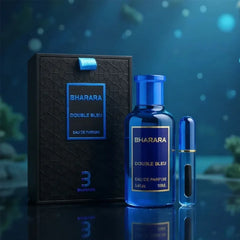 A blue bottle labeled C2U Bharara King Eau De Parfum 100ML for Men stands next to its gift box and a small blue vial against a softly blurred, dark blue background—reflecting this high-end men's spray perfume.