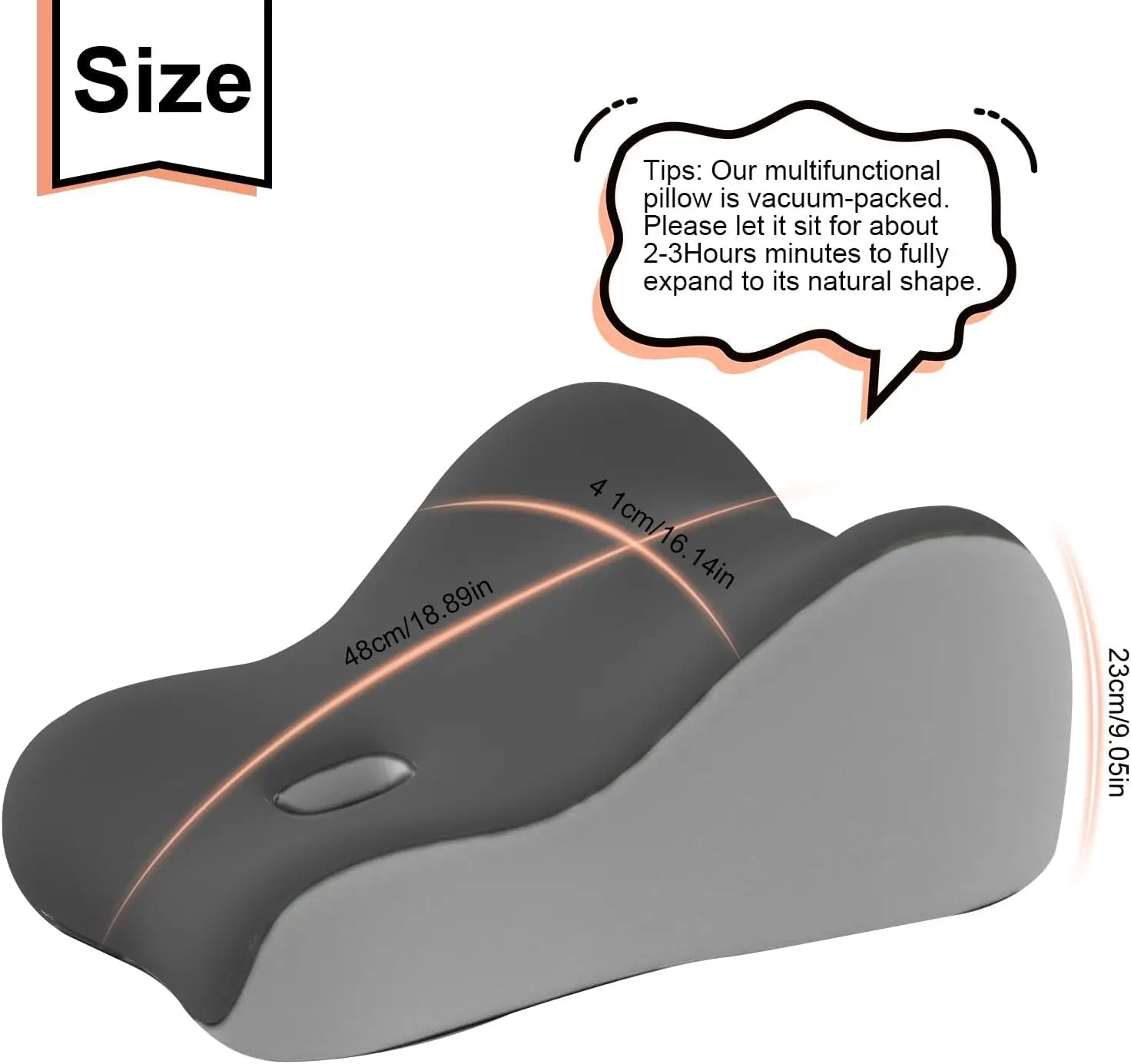 The Intimacy Support Wedge Pillow for Couples is a contoured gray memory foam cushion (48×23×41cm), made in Mainland China, with a washable cover. It comes vacuum-packed and needs 2-3 hours to fully expand after opening.