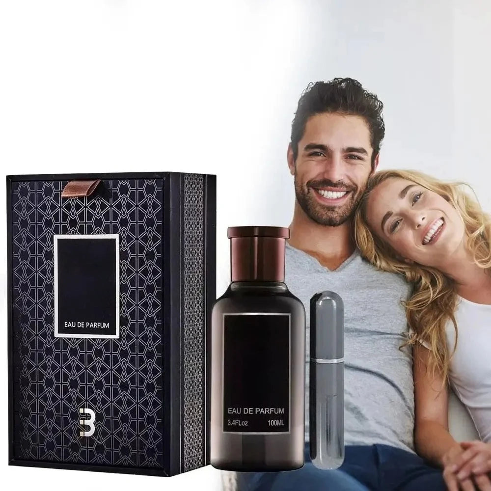 A smiling man and woman sit together beside a boxed set labeled "100ML Eau De Parfum For Men," which features a dark 3.4 oz spray bottle and sleek packaging, making it an elegant gift box perfume.