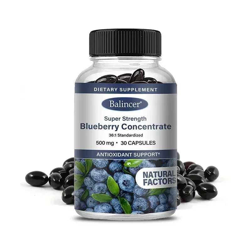 A bottle labeled Blueberry Capsules - 500 Mg, Good for The Brain, Heart Health, Eye Care, Antioxidant, Promotes Smooth Skin - 120 Capsules is shown with loose capsules and images of blueberries on the label.