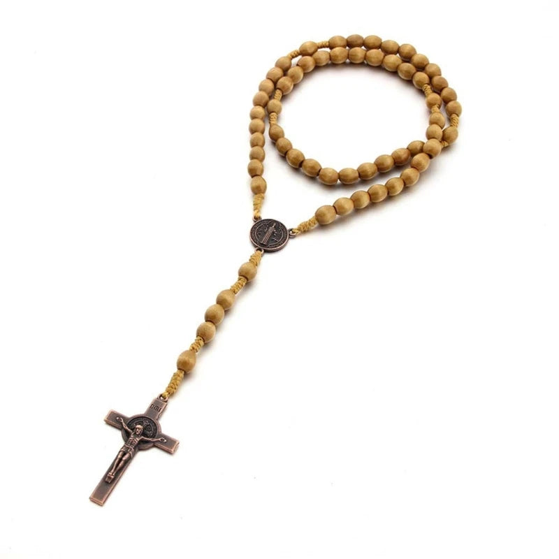 Wooden Rosary Cross Prayer Necklace