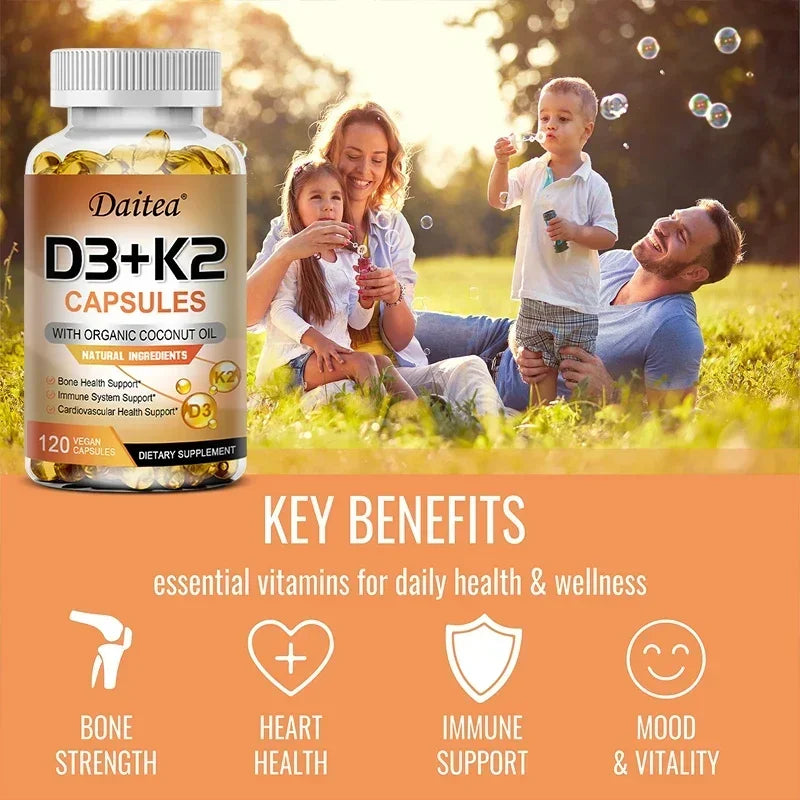 A smiling family of four enjoys blowing bubbles on the grass beside a bottle of Vegan Vitamin D3 K2 Capsules—Organic Coconut Oil, Daily Supplement for Immune System & Bone Health, Gluten & Soy Free. Benefits: bone strength, heart health, immune support, mood & vitality.