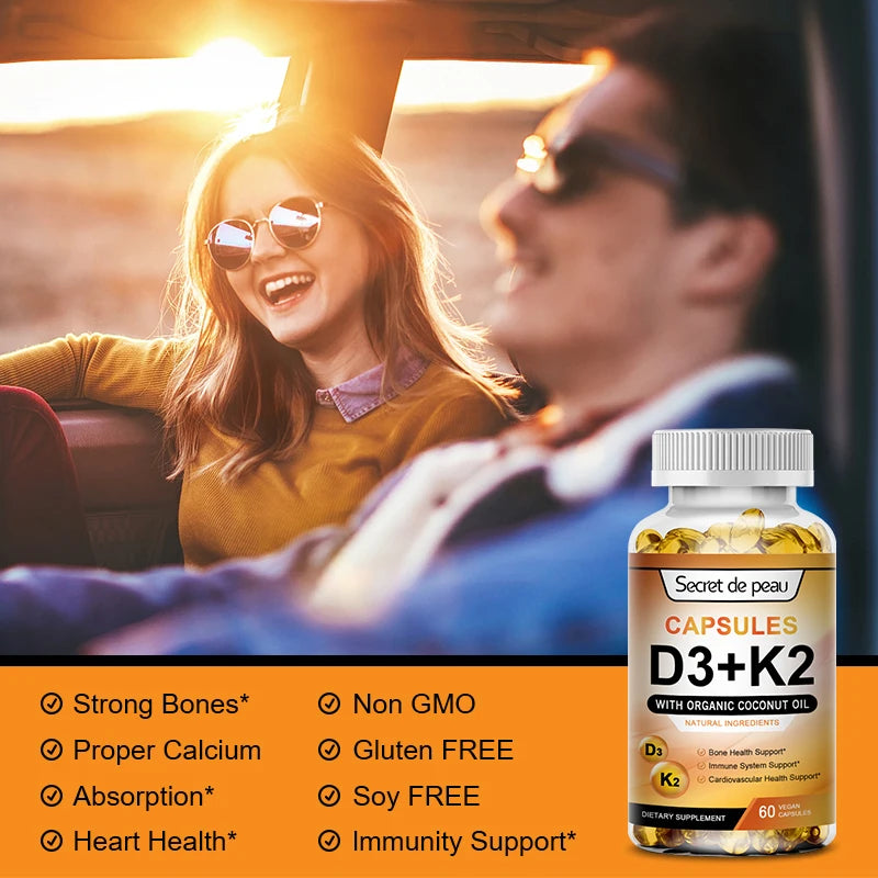 A man and woman smile, relaxing in a sunlit car. In front sits a bottle of Vegetarian Vitamin D3K2 Capsules, highlighting its unisex appeal and key benefits: supports immune system, heart health, strong bones, restful sleep, and relaxation.