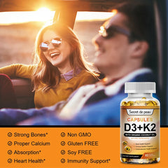 A man and woman smile, relaxing in a sunlit car. In front sits a bottle of Vegetarian Vitamin D3K2 Capsules, highlighting its unisex appeal and key benefits: supports immune system, heart health, strong bones, restful sleep, and relaxation.