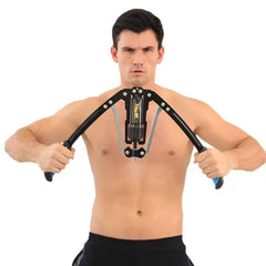 A shirtless man uses the Adjustable Hydraulic Arm Strength Trainer, gripping the handles and pulling them together in front of his chest to train arms and chest strength against a plain white background.