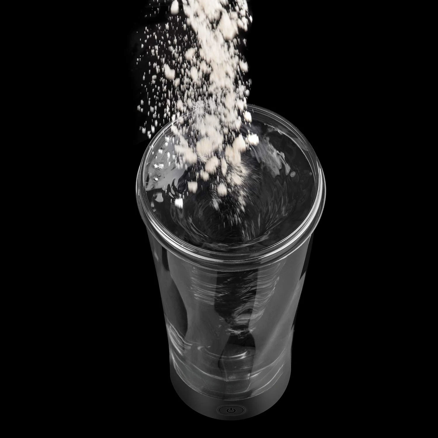 A Premium Electric Protein Shaker Cup (BPA Free, USB Rechargeable) blends powder into water, creating a vortex effect in the clear cup—ideal for safe indoor or outdoor use in mainland China.