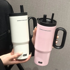 720ML Stainless Steel Thermos Cup with Straw & Handle Ice Coffee Drink Vacuum Insulated Cup Car Travel Outdoor Water Bottle