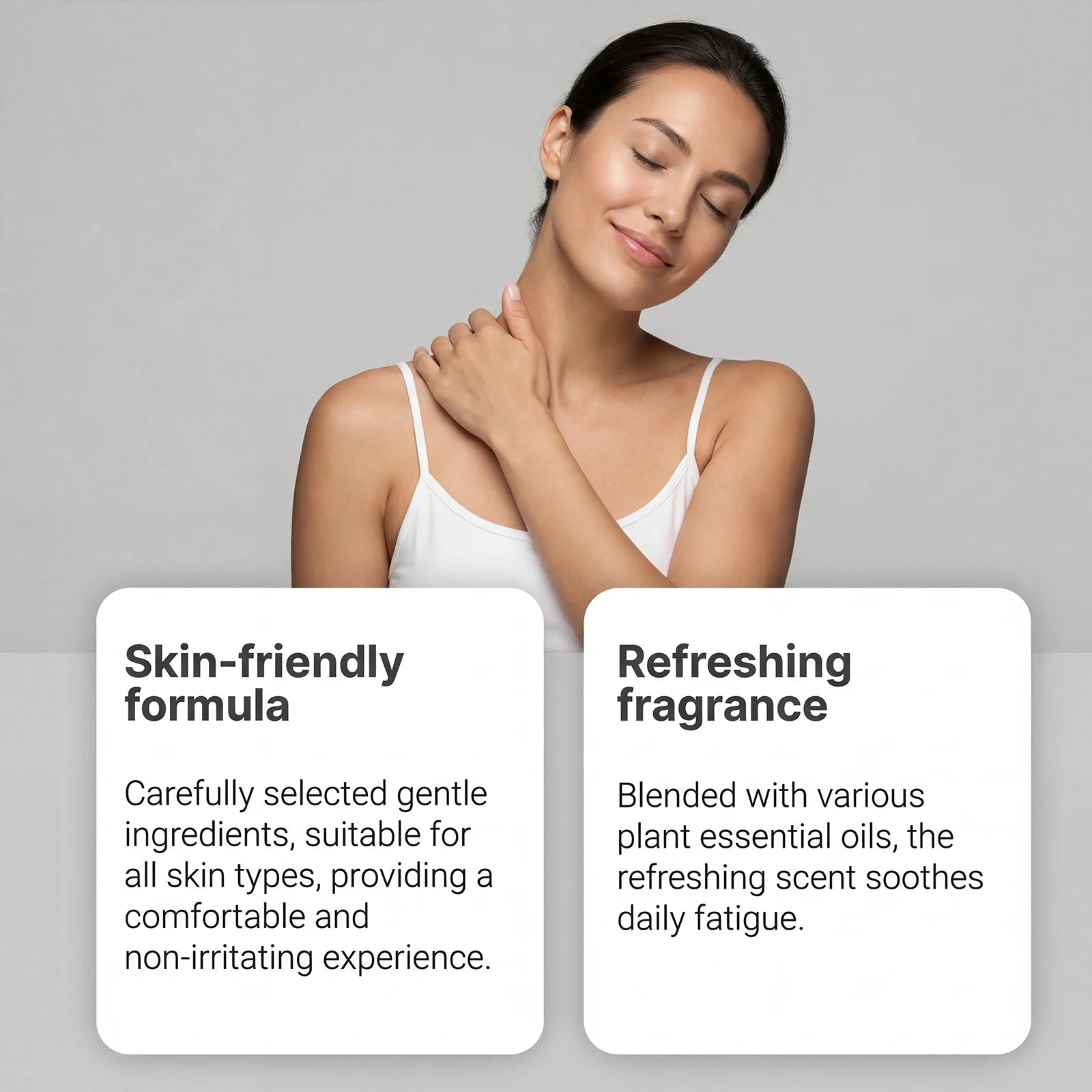 A woman in a white tank top smiles with her eyes closed, gently touching her neck. Text showcases Anti-Cellulite Massage Oil: firming, lifting, moisturizing body oil for arm, belly & thigh; improves sagging skin and brightens all skin types with natural plant ingredients.