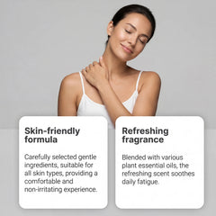 A woman in a white tank top smiles with her eyes closed, gently touching her neck. Text showcases Anti-Cellulite Massage Oil: firming, lifting, moisturizing body oil for arm, belly & thigh; improves sagging skin and brightens all skin types with natural plant ingredients.