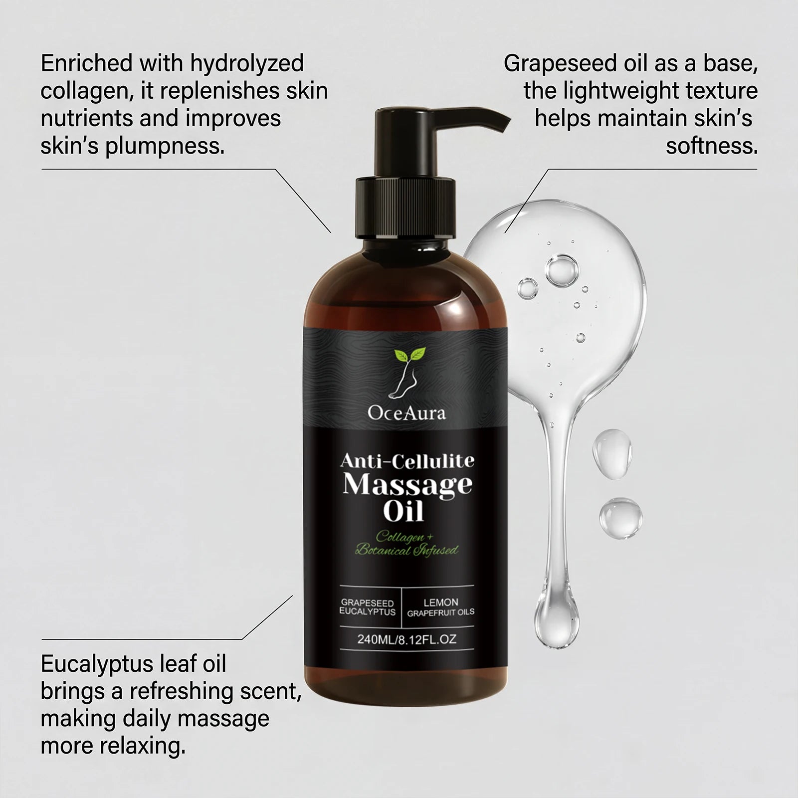 A brown pump bottle labeled “Anti-Cellulite Massage Oil Firming Lifting Arm Belly Thigh” sits beside clear oil drops, with text highlighting its collagen, grapeseed, and eucalyptus ingredients for skin firming and moisturizing.