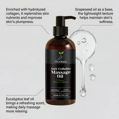 A brown pump bottle labeled “Anti-Cellulite Massage Oil Firming Lifting Arm Belly Thigh” sits beside clear oil drops, with text highlighting its collagen, grapeseed, and eucalyptus ingredients for skin firming and moisturizing.