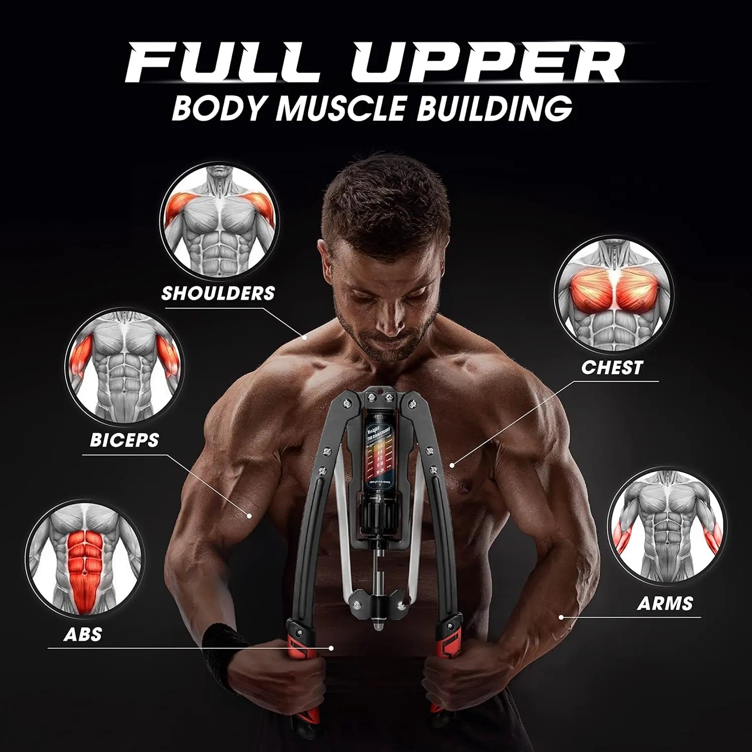 A muscular man uses the Wrist and Forearm Blaster Roller for Training with labeled diagrams highlighting targeted muscles: forearms, wrists, and grip. Text reads Effective Muscle Building for Strength and Endurance. Fits Standard & Olympic Weight Plates.