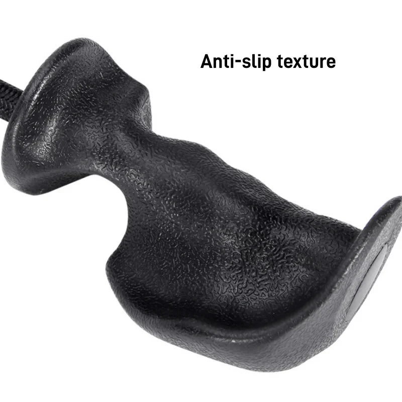 Close-up of the Tricep Rope with Ergonomic Handles shows its black, contoured grip attachment featuring a textured, anti-slip surface—ideal for strength training. "Anti-slip texture" appears in black text on a white background.