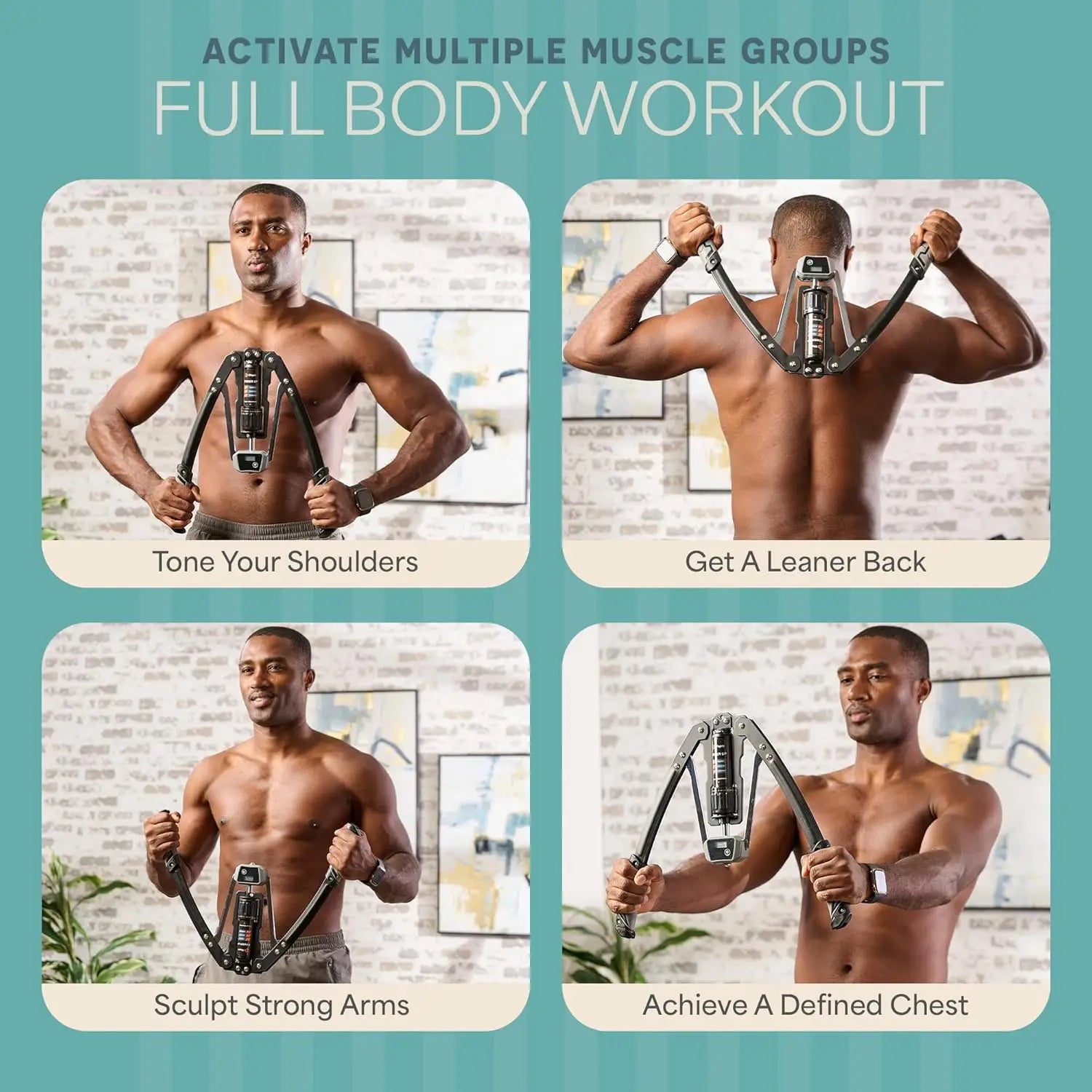 Four images display a man using the Hydraulic Power Chest Expander and Arm Twister Trainer Exerciser (22-440lb adjustable resistance, smart counter) to target shoulders, back, arms, and chest. Captions show each muscle group, with text above promoting full body workouts.