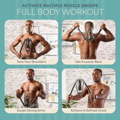 Four images of a man using the Hydraulic Power Chest Expander and Arm Twister Trainer Exerciser—adjustable 22-440lb resistance, smart counter—for effective shoulder, back, arm, and chest workouts, with text on each targeted muscle group.