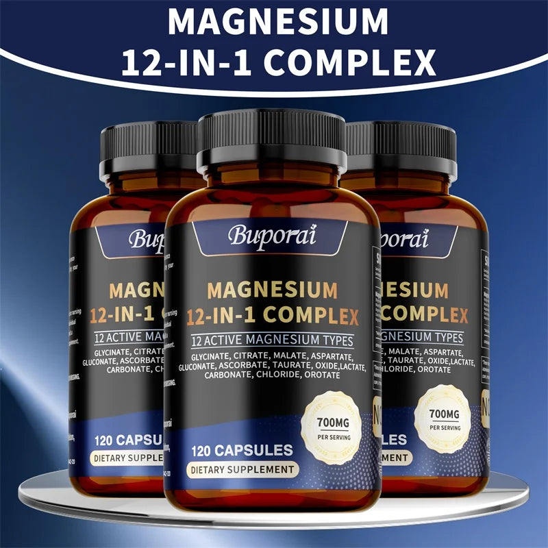 Three bottles of Magnesium Complex Capsules—Bone & Heart Health, Sleep, Muscle, and Stress Support—700mg per serving in unisex form are displayed on a round platform against a blue background.