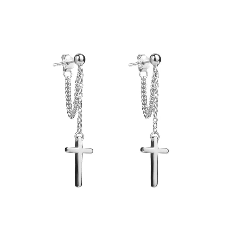 Silver Cross Dangle Drop Earrings