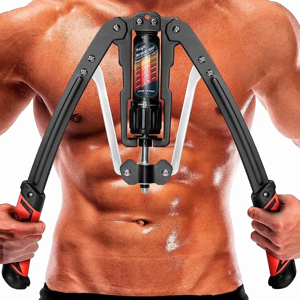 A shirtless person uses the Wrist and Forearm Blaster Roller for Training, gripping the handles with both hands at their torso’s center and flexing their arm muscles while working out with standard or Olympic weight plates.