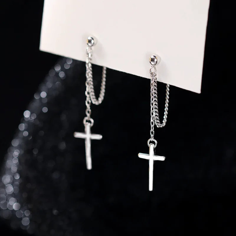 Silver Cross Dangle Drop Earrings