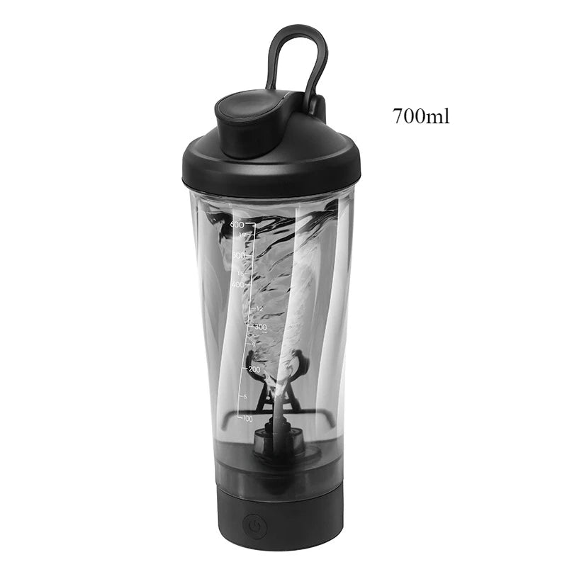 The Premium Electric Protein Shaker Cup is a 700ml clear, USB rechargeable blender with a black lid and base. Featuring measurement markings, a visible vortex, BPA-free materials, and power button, it’s reusable—ideal for indoor/outdoor use from Mainland China.