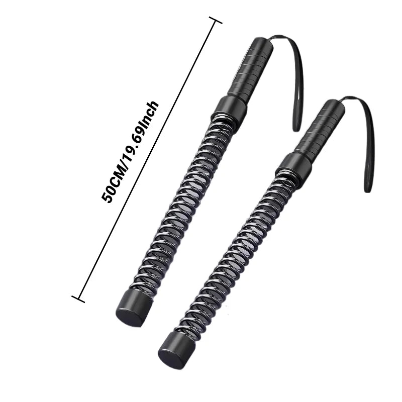 Two Strength Training Bar Ergonomic Fitness Grip Biceps Triceps Strengtheners with coil springs and wrist straps are shown side by side. A label indicates their length as 50 cm (19.69 in). Ideal for muscle training.