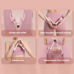 Four panels show a person using the Non-Slip Comfortable Pelvic Floor Muscle Trainer Thigh Exerciser for arm, back, shoulder, and pelvic floor exercises—each panel highlights a unique benefit for postpartum recovery, muscle strength, and relaxation.