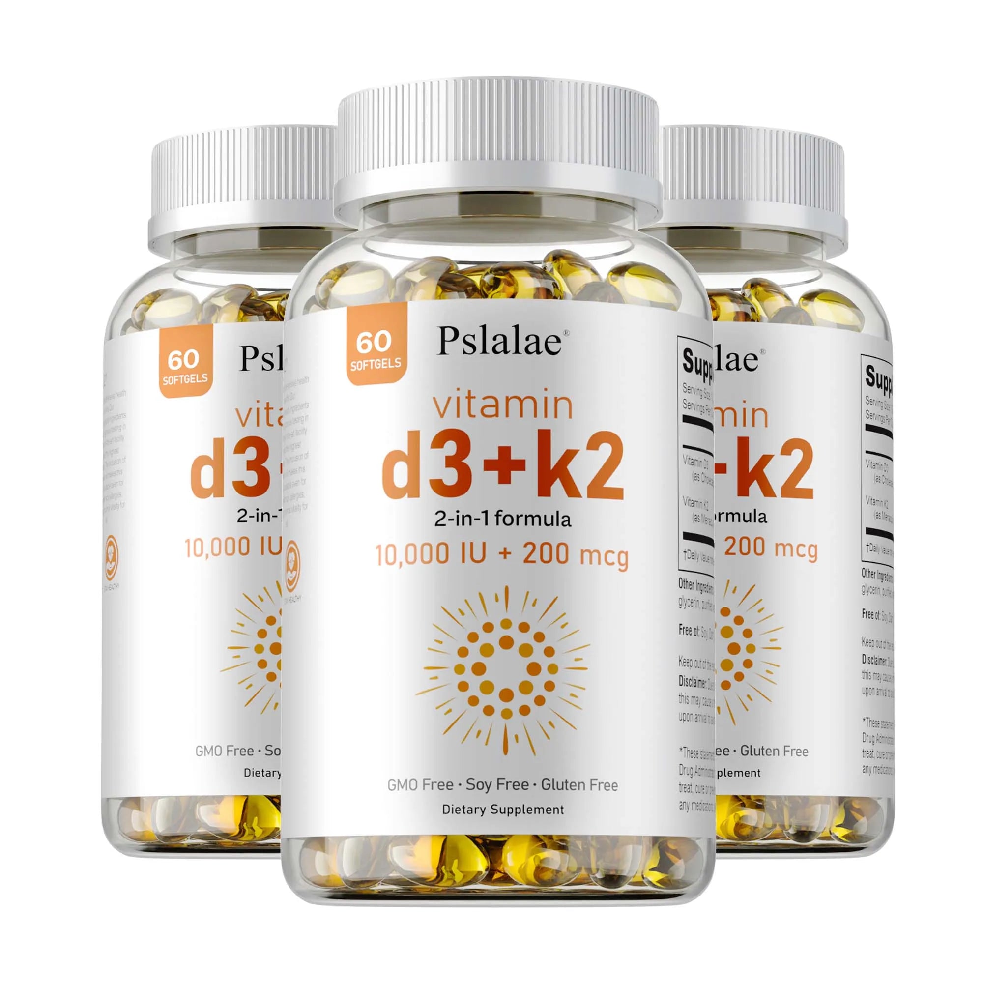 Three clear bottles of Vitamin D3 with K2—each with 60 softgels (10,000 IU D3, 200 mcg K2)—support heart and bone health, immunity, sleep, and more. GMO free, soy free, gluten free; suitable for men and women.