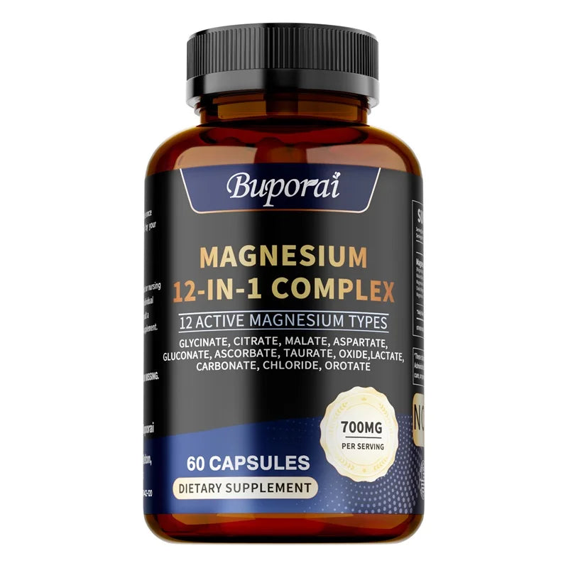 A bottle of Magnesium Complex Capsules—Bone & Heart Health Supplement—with 60 unisex capsules provides 700mg per serving and includes 12 types of magnesium, such as Magnesium Glycinate, for sleep, muscle, stress, and anxiety support.