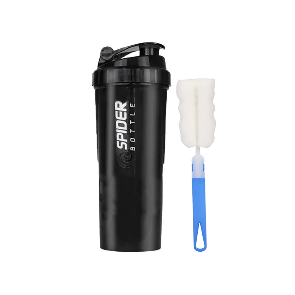 A black 3 Layers Shaker Protein Bottle Powder Shake Cup is shown with a blue-handled white bottle cleaning brush against a white background.