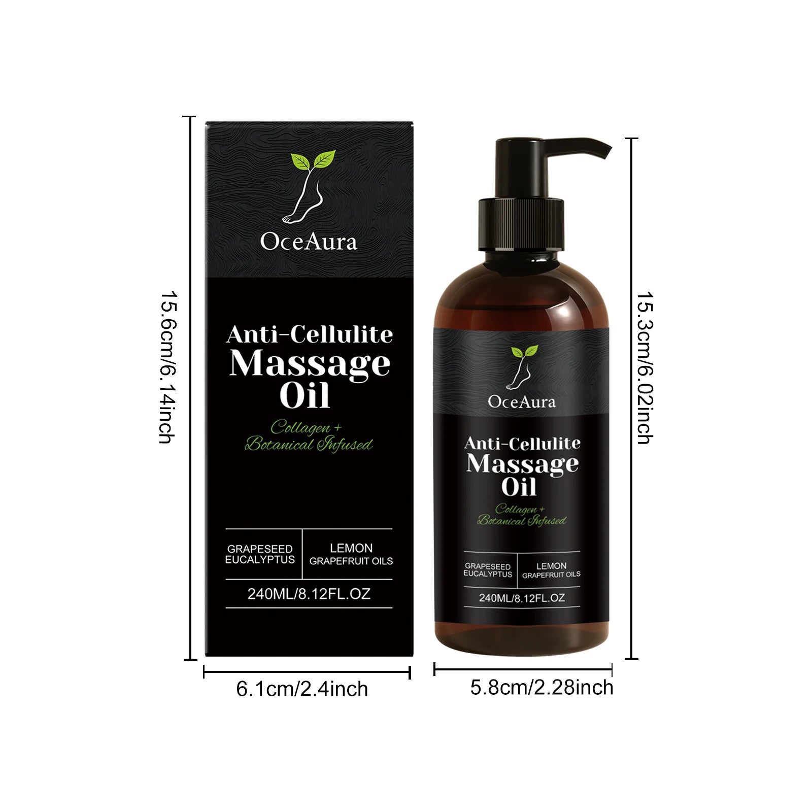 A 240ml Collagen Firming Massage Oil for daily use, with box (15.6x6.1cm) and bottle (15.3x5.8cm). Nourishes, soothes, smooths, hydrates, and tightens dry skin for a glowing look. Key ingredients: collagen and essential oils.