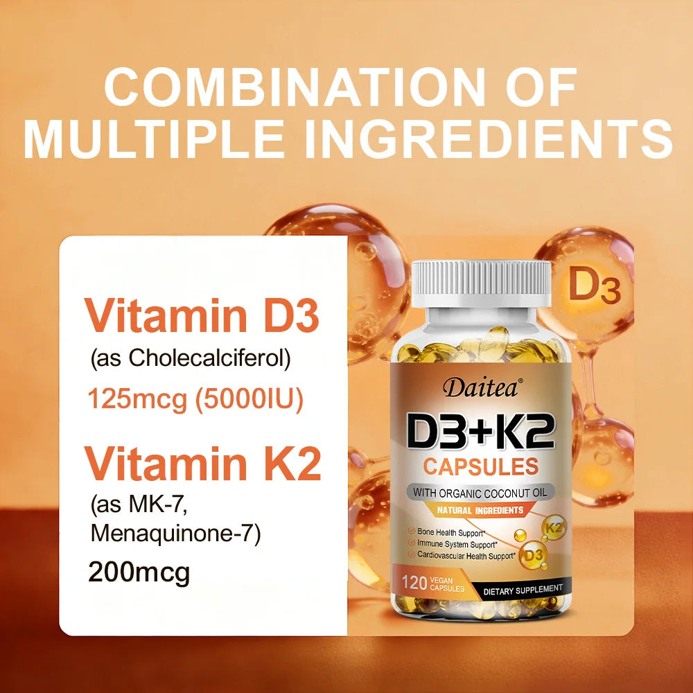 Vitamin D3 K2 Capsule - 5000 IU Vitamin D3 Promotes Strong Bones, Calcium Absorption, Teeth, Heart, Cardiovascular Health