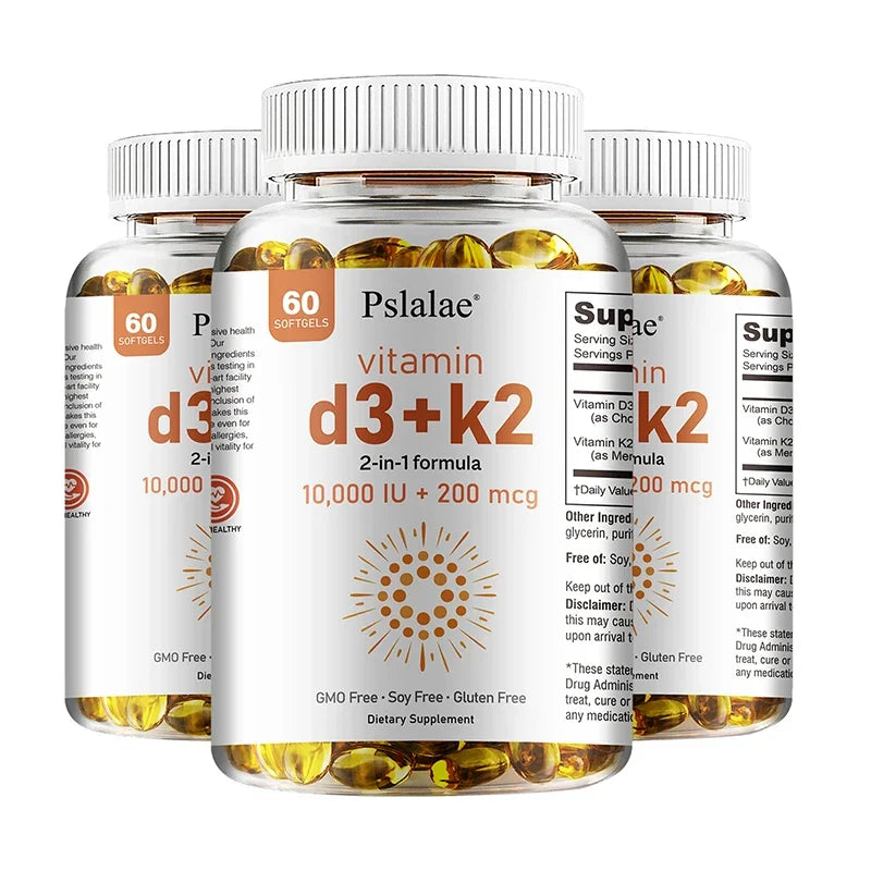 Three bottles of Vitamin D3+K2 Softgels (Improves Calcium Metabolism, Promotes Bone, Heart & Immune Health), 60 softgels each, 10,000 IU D3 & 200 mcg K2/serving, GMO free, soy free, and gluten free.