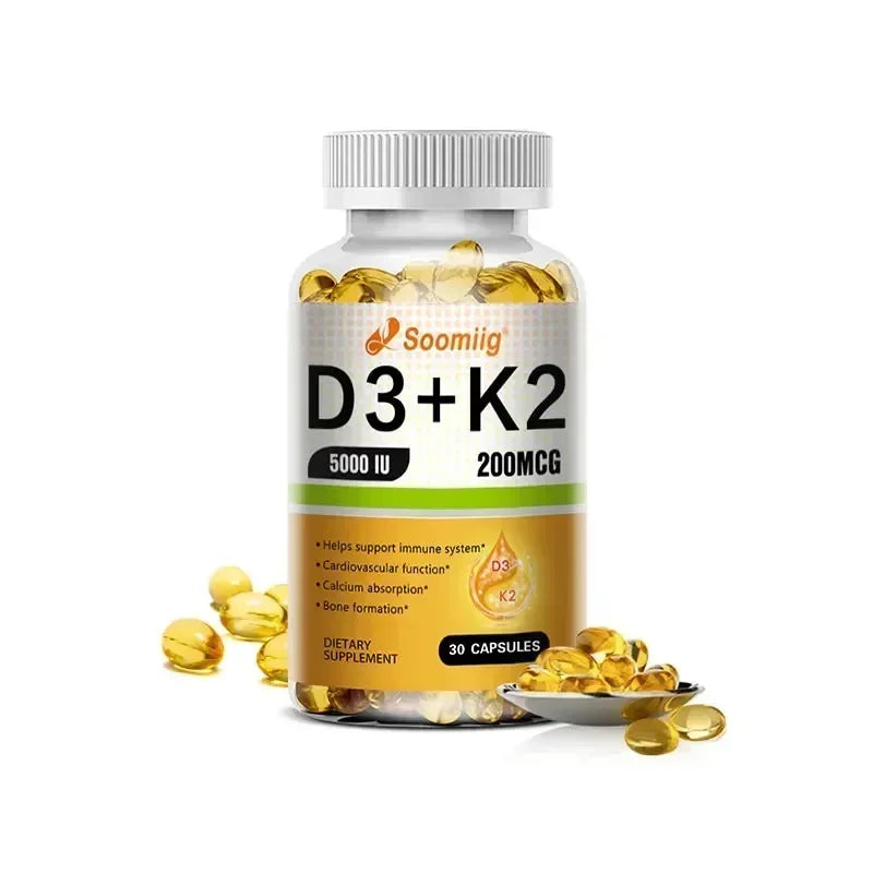 A bottle of Vitamin D3 5000IU and 200 mcg K2 (MK-7) Capsules for calcium absorption, bone regeneration, and immune support. Contains 30 easy-to-melt yellow capsules shown inside and beside the labeled bottle.