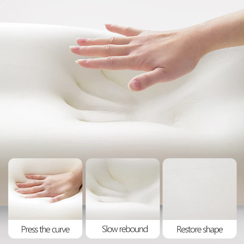 A hand presses into the New Butt Cushion Multifunctional Prone Position Lie Pillow, showing its memory foam indenting. Below, three images show the pillow being pressed, slowly rebounding, and regaining its unique curved shape.