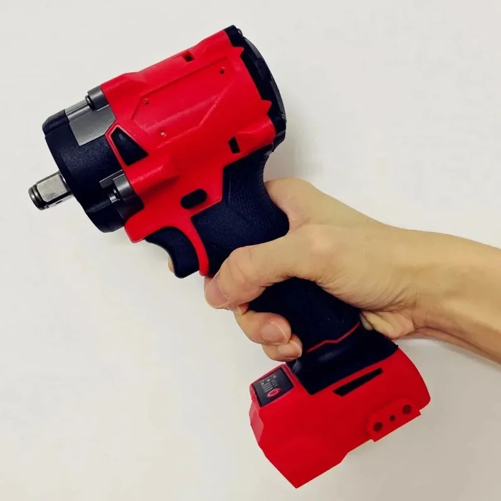A hand holds the Brushless Impac Wrench 500N.m Electric Driver, a red and black 18V cordless screwdriver with 4 gears, compatible with Milwaukee batteries, against a plain white background.