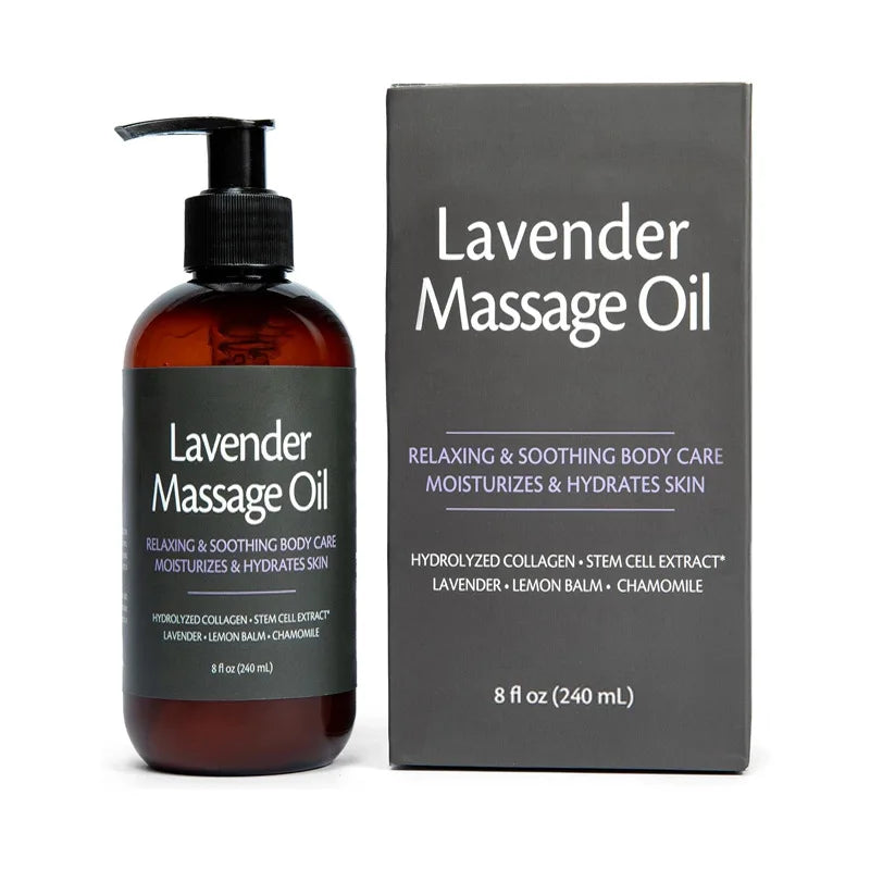 A brown 240ml pump bottle of Skin Firming Body Massage Oil sits beside its black box, highlighting moisturizing and skin firming benefits from natural relaxing aromatherapy ingredients like lavender, lemon balm, and chamomile.