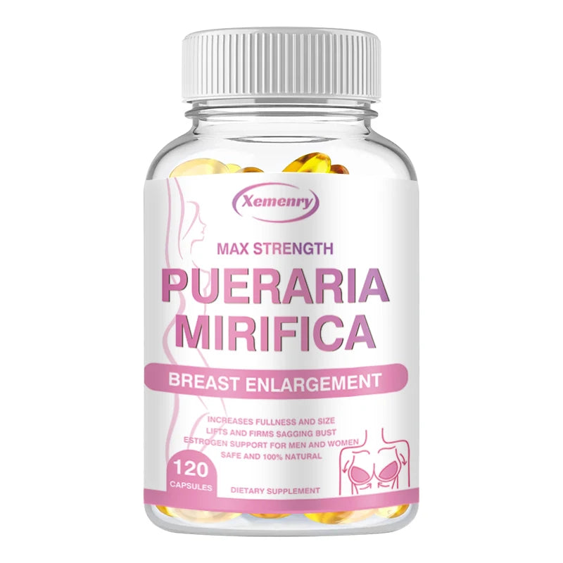 A bottle labeled PUERARIA MIRIFICA - Breast Supplement To Support Bigger, Rounder, Firmer Breasts, containing 120 unisex capsules. The label displays pink text and a simple line drawing of a woman’s bust.