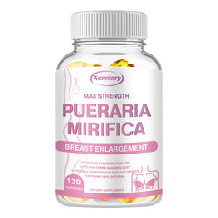 A bottle labeled PUERARIA MIRIFICA - Breast Supplement To Support Bigger, Rounder, Firmer Breasts, containing 120 unisex capsules. The label displays pink text and a simple line drawing of a woman’s bust.
